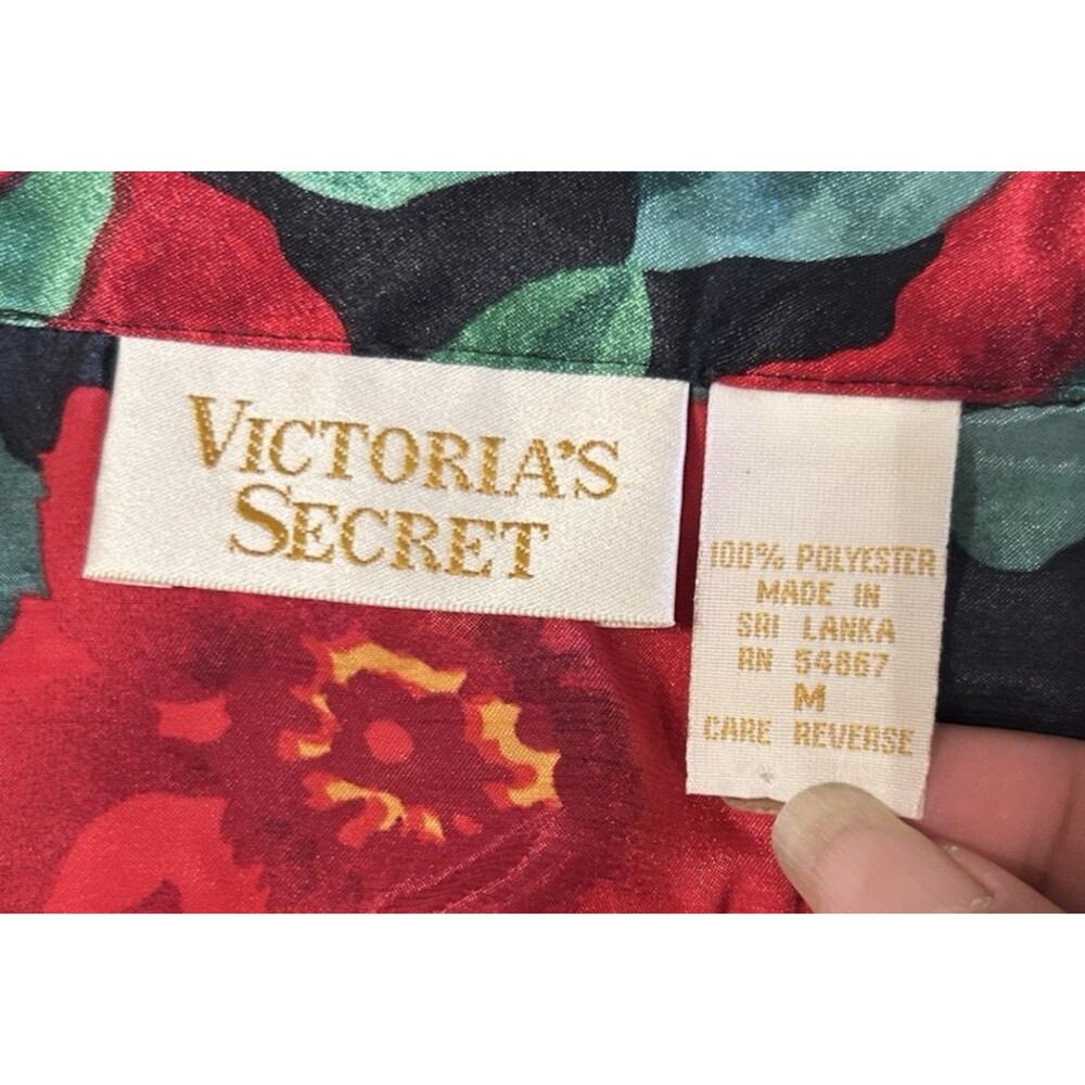 Victoria Secret Vintage 90' Floral Satin Red Black Green Night Shirt Sleepwear M - Picture 9 of 9